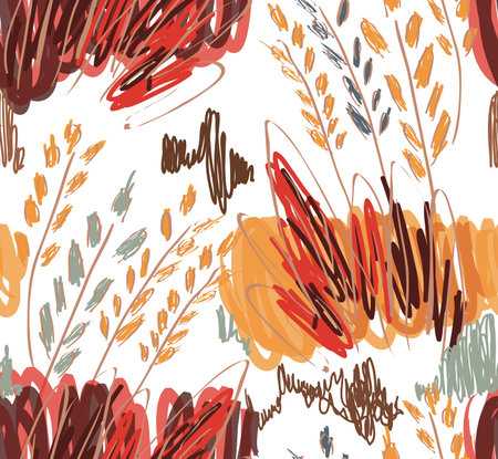 Kids drawing and doodling with marker brush and abstract trees.Abstract seamless pattern. Universal bright background for greeting cards, invitations. Had drawn ink and marker watercolor texture.のイラスト素材