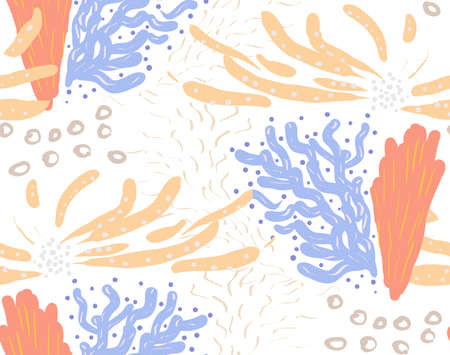 Colored with different brush strokes textures and dots floral underwater seaweed and corals.Abstract seamless pattern. Universal bright background for greeting cards, invitations. Had drawn ink and marker watercolor texture.のイラスト素材
