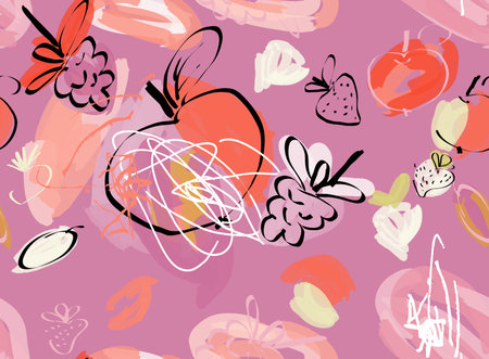 Doodles with grunge texture rough drawn apple and raspberries.Abstract seamless pattern. Universal...