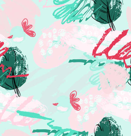 Rough scribbles and doodles with berries and floral leaves.Abstract seamless pattern. Universal bright background for greeting cards, invitations. Had drawn ink and marker watercolor texture.のイラスト素材