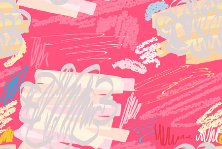 Crayon textured doodles with abstract clouds and marker brush.Abstract seamless pattern. Universal bright background for greeting cards, invitations. Had drawn ink and marker watercolor texture.のイラスト素材