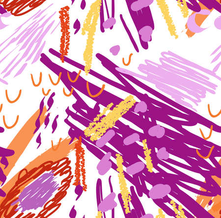 Colorful scribbles with dots .Abstract seamless pattern. Universal bright background for greeting cards, invitations. Had drawn ink and marker watercolor texture.のイラスト素材