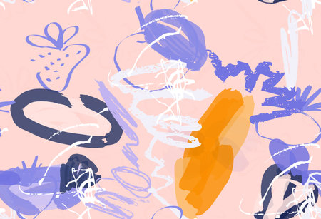 Abstract seamless pattern of doodles with grunge texture rough drawn strawberry and apple.
