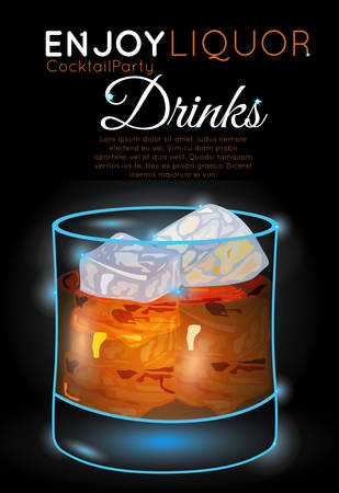 Scotch on rocks on black.Neon cocktail with light glowing on black background. Design for cocktail menu, cocktail party, bar poster. Template for nightclub event or party.のイラスト素材