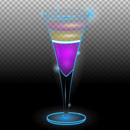 Purple layered exotic cocktail in tall glass transparent.Neon cocktail with light glowing isolated on black background. Illustration of alcohol drink with transparency effect.のイラスト素材