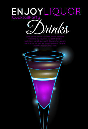 Purple layered exotic cocktail in tall glass top.Neon cocktail with light glowing on black background. Design for cocktail menu, cocktail party, bar poster. Template for nightclub event or party.のイラスト素材