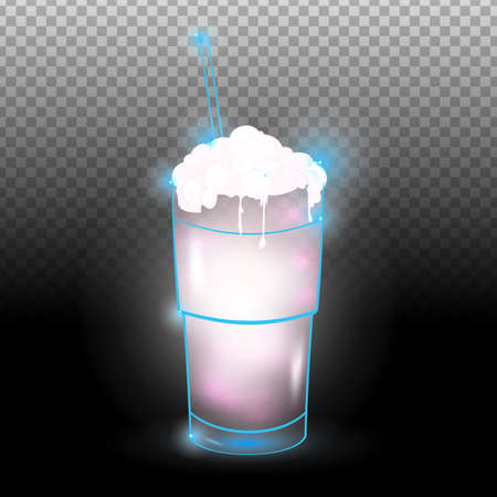 Milkshake cocktail transparent.Neon cocktail with light glowing isolated on black background. Illustration of alcohol drink with transparency effect.のイラスト素材