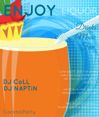 Orange cocktail with slice of pineapple and green leaves on blue halftone with grunge close up.Cocktail illustration on bright contemporary flat background. Design for cocktail menu, bar poster, event invitation. Template for cocktail party.のイラスト素材