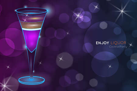 Purple layered exotic cocktail in tall glass bokeh.Neon cocktail with light glowing on black background. Design for cocktail menu, cocktail party, bar poster. Template for nightclub event or party.のイラスト素材