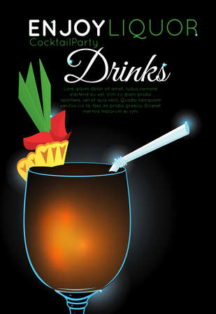 Orange cocktail with slice of pineapple and green leaves top.Neon cocktail with light glowing on black background. Design for cocktail menu, cocktail party, bar poster. Template for nightclub event or party.のイラスト素材