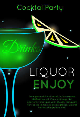 Green cocktail in coupe glass with slice of lime half.Neon cocktail with light glowing on black background. Design for cocktail menu, cocktail party, bar poster. Template for nightclub event or party.のイラスト素材