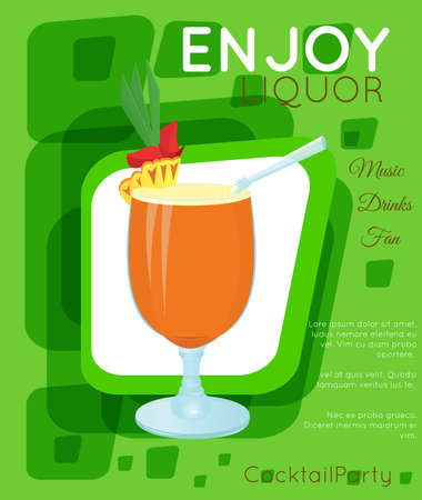 Orange cocktail with slice of pineapple and green leaves on green rectangles.Cocktail illustration on bright contemporary flat background. Design for cocktail menu, bar poster, event invitation. Template for cocktail party.のイラスト素材