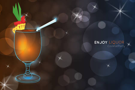Orange cocktail with slice of pineapple and green leaves bokeh.Neon cocktail with light glowing on black background. Design for cocktail menu, cocktail party, bar poster. Template for nightclub event or party.のイラスト素材