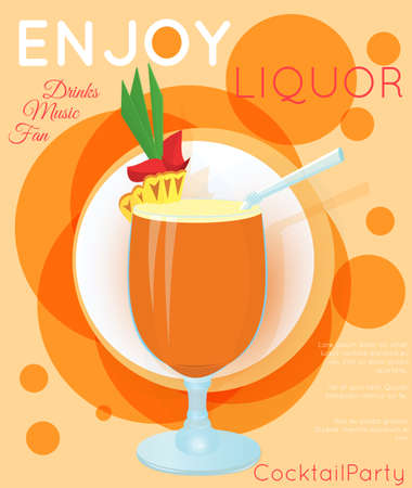 Orange cocktail with slice of pineapple and green leaves on orange circles.Cocktail illustration on bright contemporary flat background. Design for cocktail menu, bar poster, event invitation. Template for cocktail party.のイラスト素材