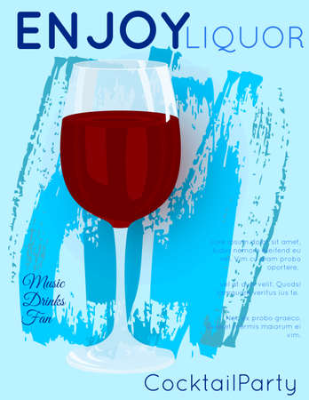 Red wine on blue grunge texture.Cocktail illustration on bright contemporary flat background. Design for cocktail menu, bar poster, event invitation. Template for cocktail party.のイラスト素材
