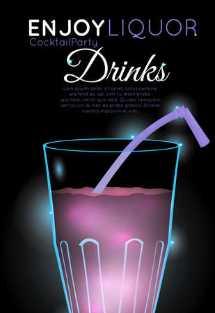 Pink cocktail with straw top.Neon cocktail with light glowing on black background. Design for cocktail menu, cocktail party, bar poster. Template for nightclub event or party.のイラスト素材