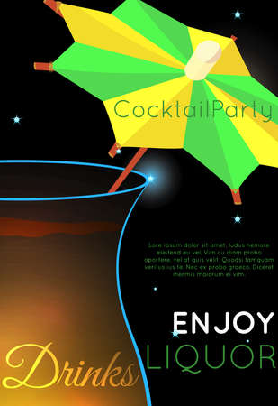 Orange cocktail with decorative umbrella top close up side.Neon cocktail with light glowing on black background. Design for cocktail menu, cocktail party, bar poster. Template for nightclub event or party.のイラスト素材