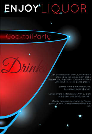 Cosmopolitan cocktail close up half.Neon cocktail with light glowing on black background. Design for cocktail menu, cocktail party, bar poster. Template for nightclub event or party.のイラスト素材