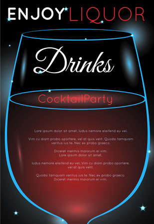 Classic red wine close up.Neon cocktail with light glowing on black background. Design for cocktail menu, cocktail party, bar poster. Template for nightclub event or party.のイラスト素材