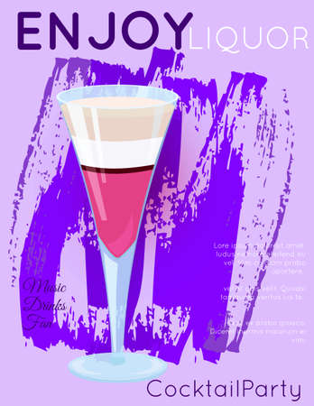 Purple layered exotic cocktail in tall glass on purple grunge texture.Cocktail illustration on bright contemporary flat background. Design for cocktail menu, bar poster, event invitation. Template for cocktail party.のイラスト素材