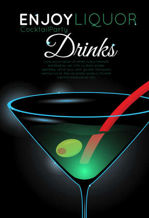 Classic martini cocktail with olive and red straw top.Neon cocktail with light glowing on black background. Design for cocktail menu, cocktail party, bar poster. Template for nightclub event or party.のイラスト素材