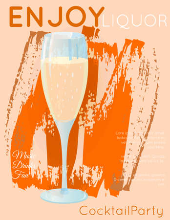 Classic sparkling wine champagne on grunge orange texture.Cocktail illustration on bright contemporary flat background. Design for cocktail menu, bar poster, event invitation. Template for cocktail party.のイラスト素材