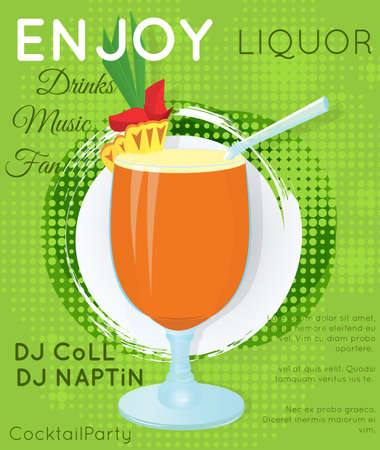 Orange cocktail with slice of pineapple and green leaves on green halftone.Cocktail illustration on bright contemporary flat background. Design for cocktail menu, bar poster, event invitation. Template for cocktail party.のイラスト素材