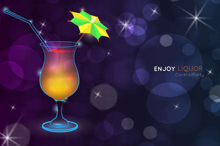 Orange cocktail with straw and decorative umbrella bokeh.Neon cocktail with light glowing on black background. Design for cocktail menu, cocktail party, bar poster. Template for nightclub event or party.のイラスト素材