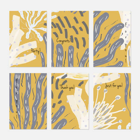 Abstract underwater seaweed dotted.Hand drawn creative invitation or greeting cards template. Anniversary, Birthday, wedding, party, social media banners set of 6. Isolated on layer.のイラスト素材