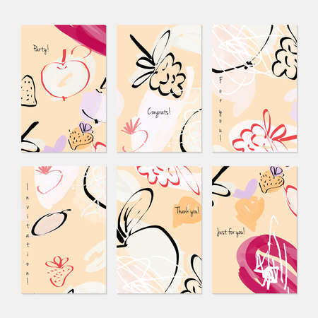Rough sketched raspberries apple and strawberries.Hand drawn creative invitation or greeting cards template. Anniversary, Birthday, wedding, party, social media banners set of 6. Isolated on layer.のイラスト素材