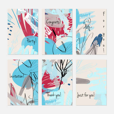 Rough sketched dandelion flowers and seeds on scribbles.Hand drawn creative invitation or greeting cards template. Anniversary, Birthday, wedding, party, social media banners set of 6. Isolated on layer.のイラスト素材