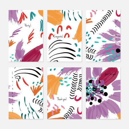 Rough drawn with marker brush spring flowers and seeds.Hand drawn creative invitation or greeting cards template. Anniversary, Birthday, wedding, party, social media banners set of 6. Isolated on layer.のイラスト素材
