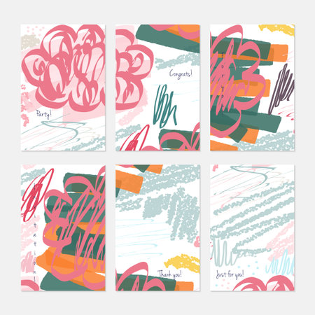 Kids drawing crayon textured strokes.Hand drawn creative invitation or greeting cards template....