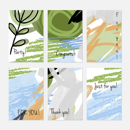 Marker and crayon brush with doodles. Hand drawn creative invitation or greeting cards template. Anniversary, Birthday, wedding, party, social media banners set of 6. Isolated on layer.のイラスト素材