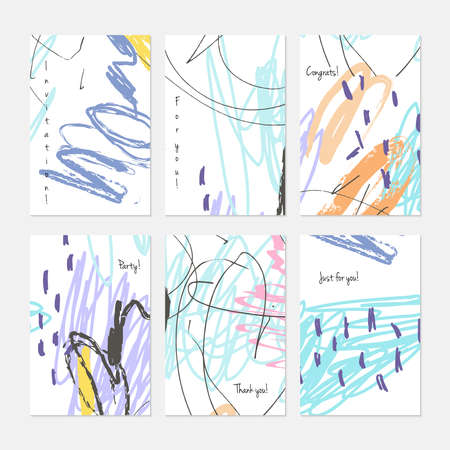 Crayon kids drawing scribbles dots and circles.Hand drawn creative invitation or greeting cards template. Anniversary, Birthday, wedding, party, social media banners set of 6. Isolated on layer.のイラスト素材
