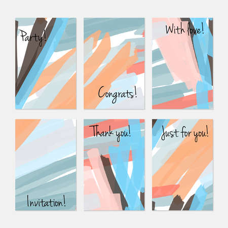 Marker brush colorful strokes.Hand drawn creative invitation or greeting cards template. Anniversary, Birthday, wedding, party, social media banners set of 6. Isolated on layer.のイラスト素材