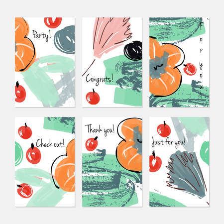 Abstract berries and big flower marker brush.Hand drawn creative invitation or greeting cards template. Anniversary, Birthday, wedding, party, social media banners set of 6. Isolated on layer.のイラスト素材