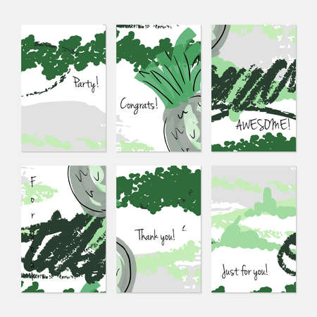Marker and crayon brush with doodles.Hand drawn creative invitation or greeting cards template. Anniversary, Birthday, wedding, party, social media banners set of 6. Isolated on layer.のイラスト素材