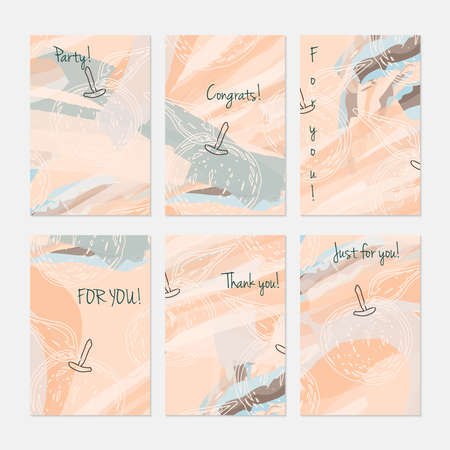 Rough scribbles and abstract apple.Hand drawn creative invitation or greeting cards template. Anniversary, Birthday, wedding, party, social media banners set of 6. Isolated on layer.のイラスト素材