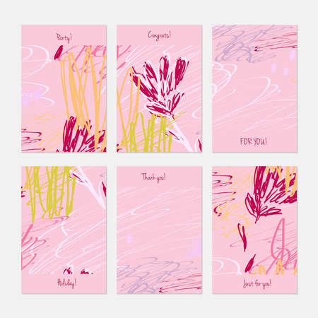 Roughly sketched flowers on scribbles.Hand drawn creative invitation or greeting cards template. Anniversary, Birthday, wedding, party, social media banners set of 6. Isolated on layer.のイラスト素材
