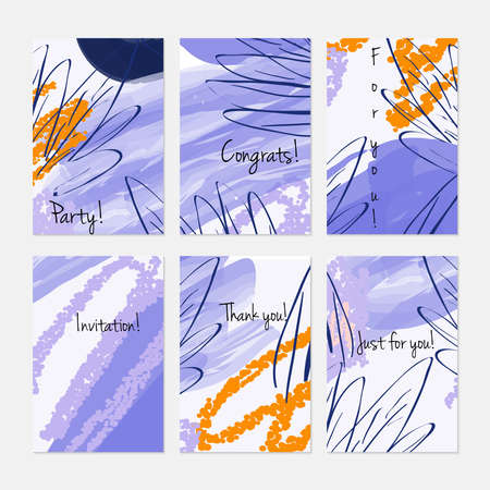 Marker and crayon brush with doodles.Hand drawn creative invitation or greeting cards template. Anniversary, Birthday, wedding, party, social media banners set of 6. Isolated on layer.のイラスト素材