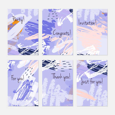 Crayon and pastel textured scribbles dots and circles.Hand drawn creative invitation or greeting cards template. Anniversary, Birthday, wedding, party, social media banners set of 6. Isolated on layer.のイラスト素材