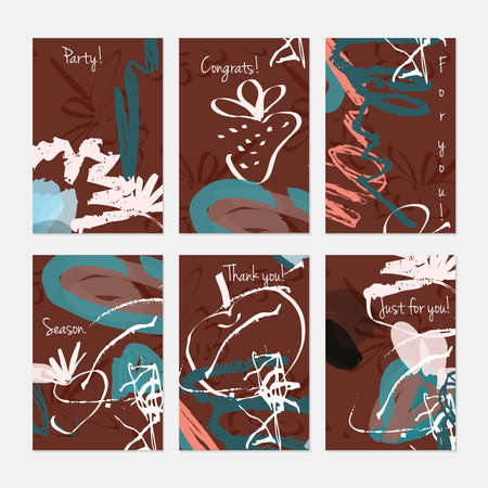 Rough sketched apple and strawberry on marker brush strokes.Hand drawn creative invitation or greeting cards template. Anniversary, Birthday, wedding, party, social media banners set of 6. Isolated on layer.のイラスト素材