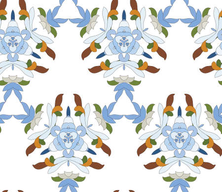 Vector seamless pattern with mandala shape. Vintage colored floral decorative repainting background with boho chic style and ethnic motifs. Abstract geometric flower with triangular symmetry.のイラスト素材