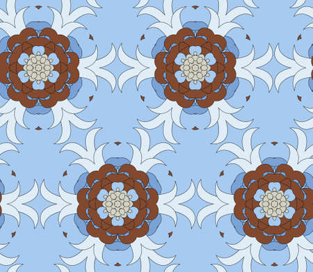 Vector seamless pattern with mandala shape. Vintage colored floral decorative repainting background with boho chic style and ethnic motifs. Abstract geometric flower with round symmetry.のイラスト素材