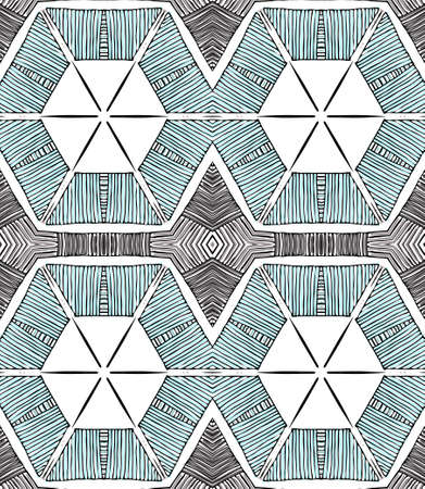 Seamless striped vector pattern. Vintage colored decorative repainting background with tribal and ethnic motifs. Abstract geometric roughly hatched shapes colored with hand drawn brush stokes.のイラスト素材