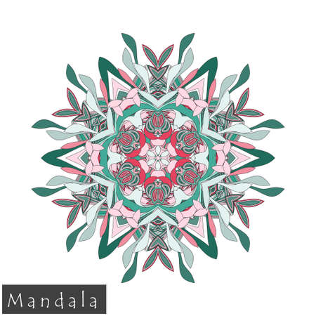 Floral symmetrical geometrical symbol. Vector flower mandala icon isolated on white. Oriental round colored pattern. Arabic, Indian, Moroccan, Spain, Turkish, Pakistan, Chinese decorative element.のイラスト素材