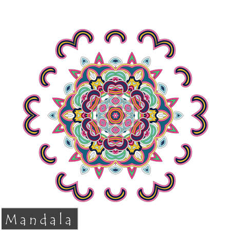 Floral symmetrical geometrical symbol. Vector flower mandala icon isolated on white. Oriental round colored pattern. Arabic, Indian, Moroccan, Spain, Turkish, Pakistan, Chinese decorative element.のイラスト素材