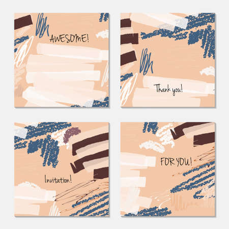 Hand drawn creative invitation greeting cards. Invitation party card template. Set of 4 isolated on layer. Abstract creative universal doodles. Roughly brushed floral motifs. Vector illustration.のイラスト素材