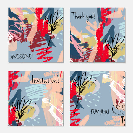 Hand drawn creative invitation greeting cards. Invitation party card template. Set of 4 isolated on layer. Abstract creative universal doodles. Roughly brushed floral motifs. Vector illustration.のイラスト素材